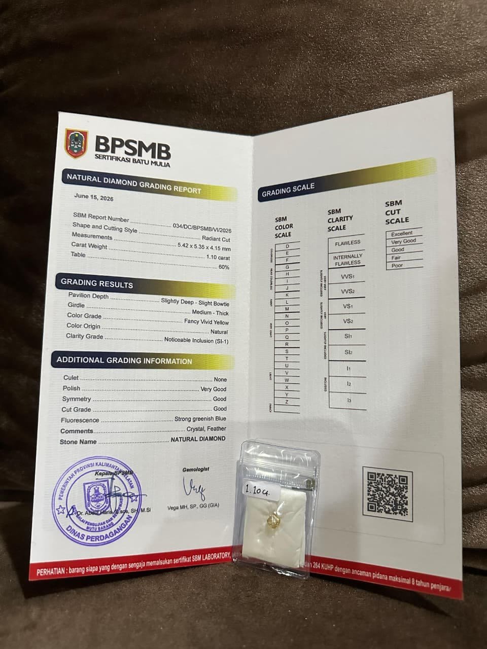 BPSMB natural diamond grading report